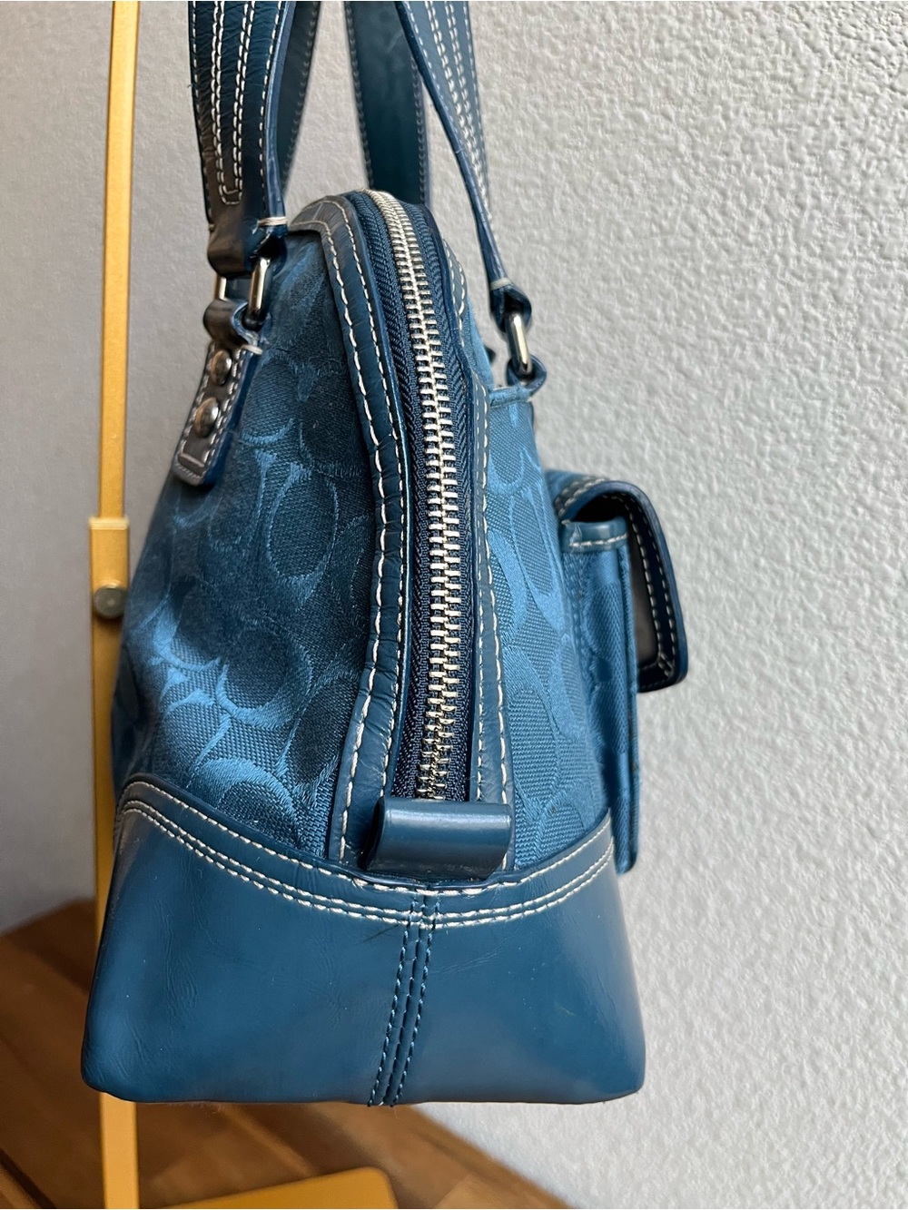 Coach Teal Signature Jacquard Satchel with Front Turn-Lock - Picture 13 of 16